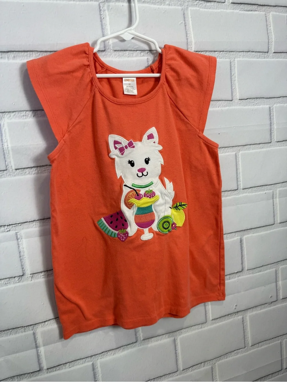 Gymboree Girls Orange Kitty Graphic Flutter Sleeve Top Size 12 Summer Cute